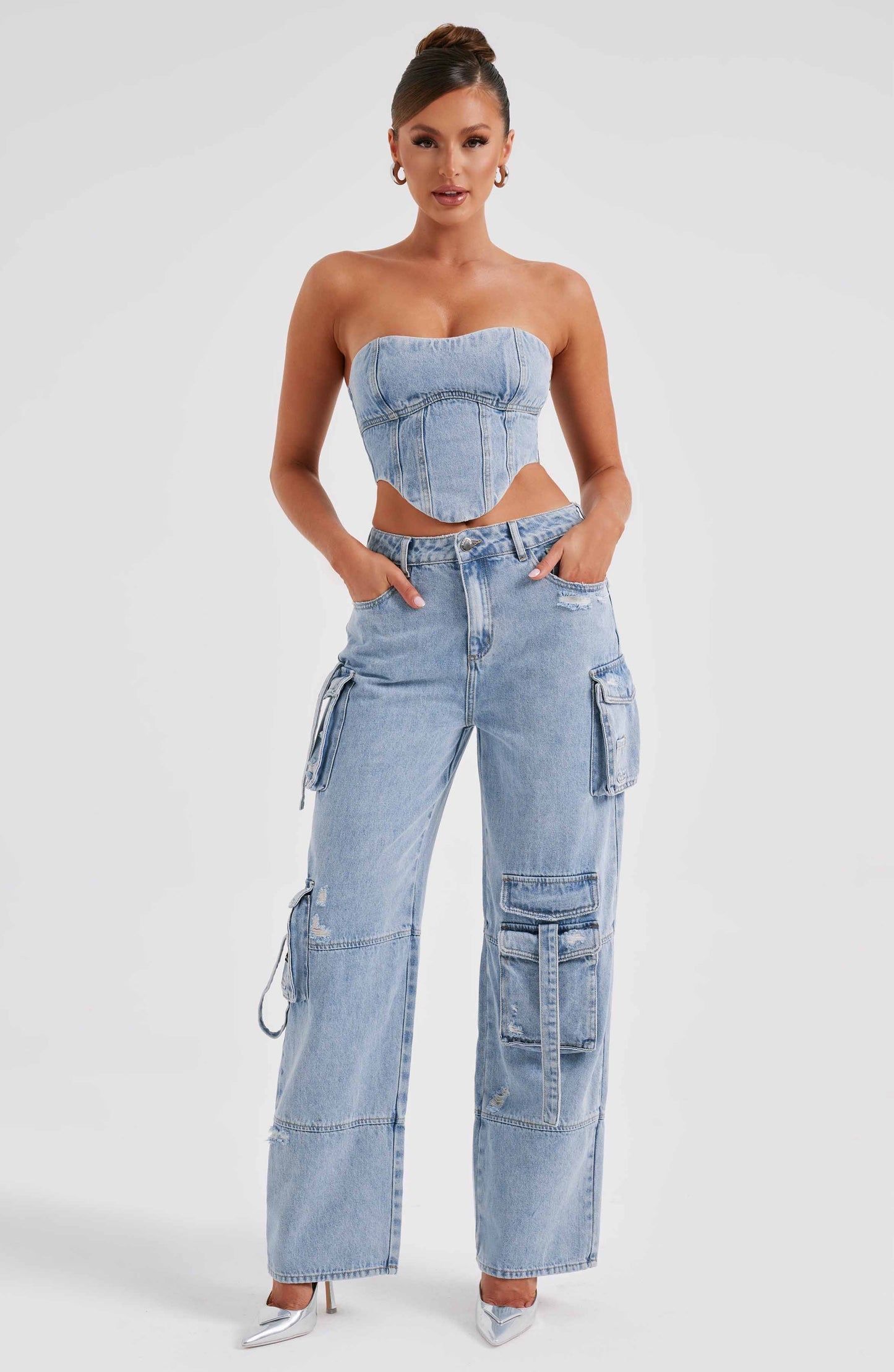Cepli Bağcıklı Denim Kargo Pantolon