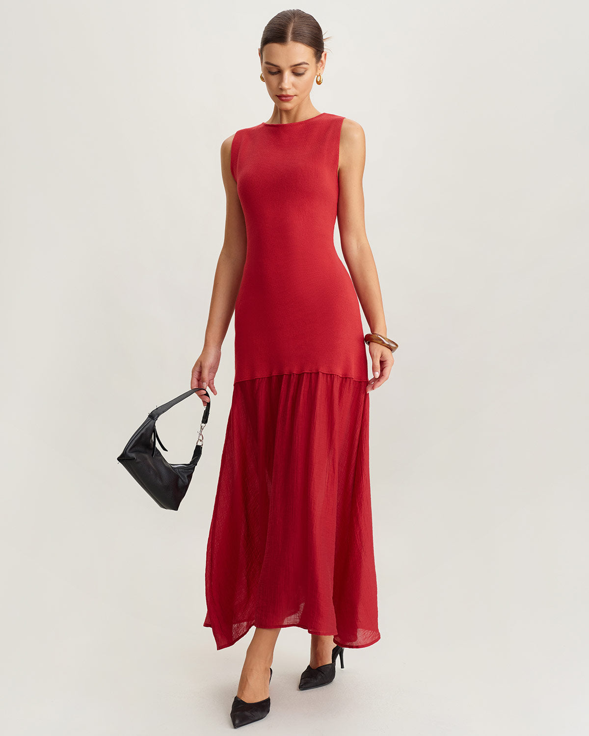 Red Ribbed Knit Sleeveless Maxi Dress
