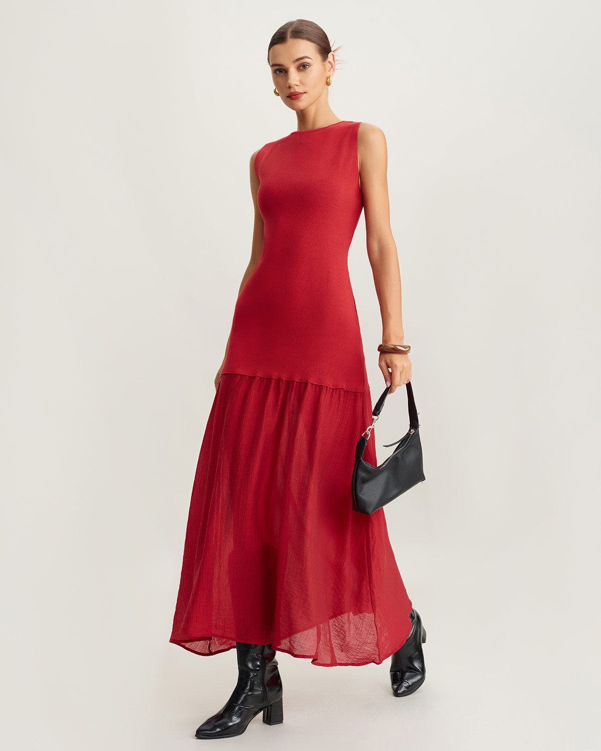 Red Ribbed Knit Sleeveless Maxi Dress