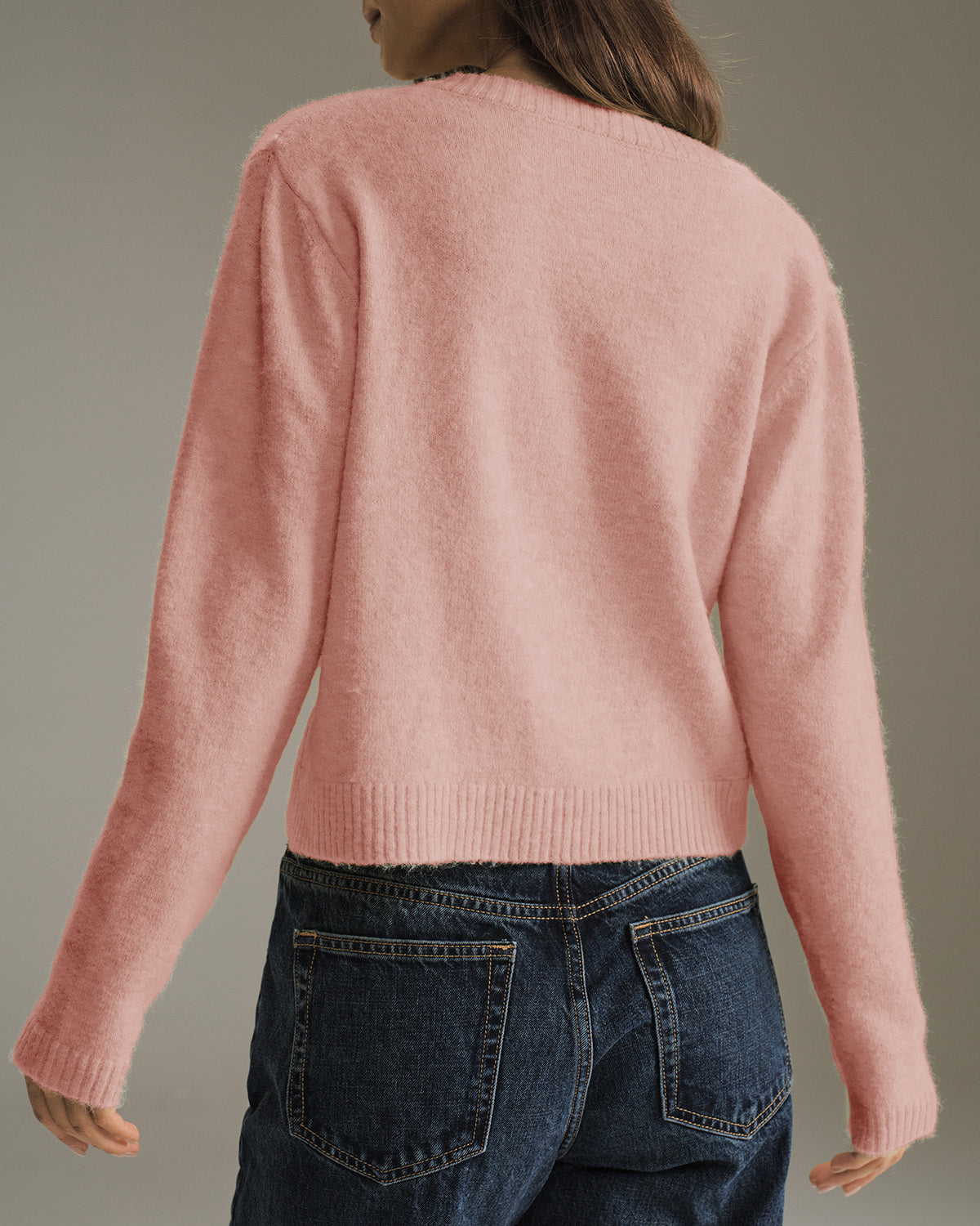 Pembe Yuvarlak Yaka Örgü Hırka