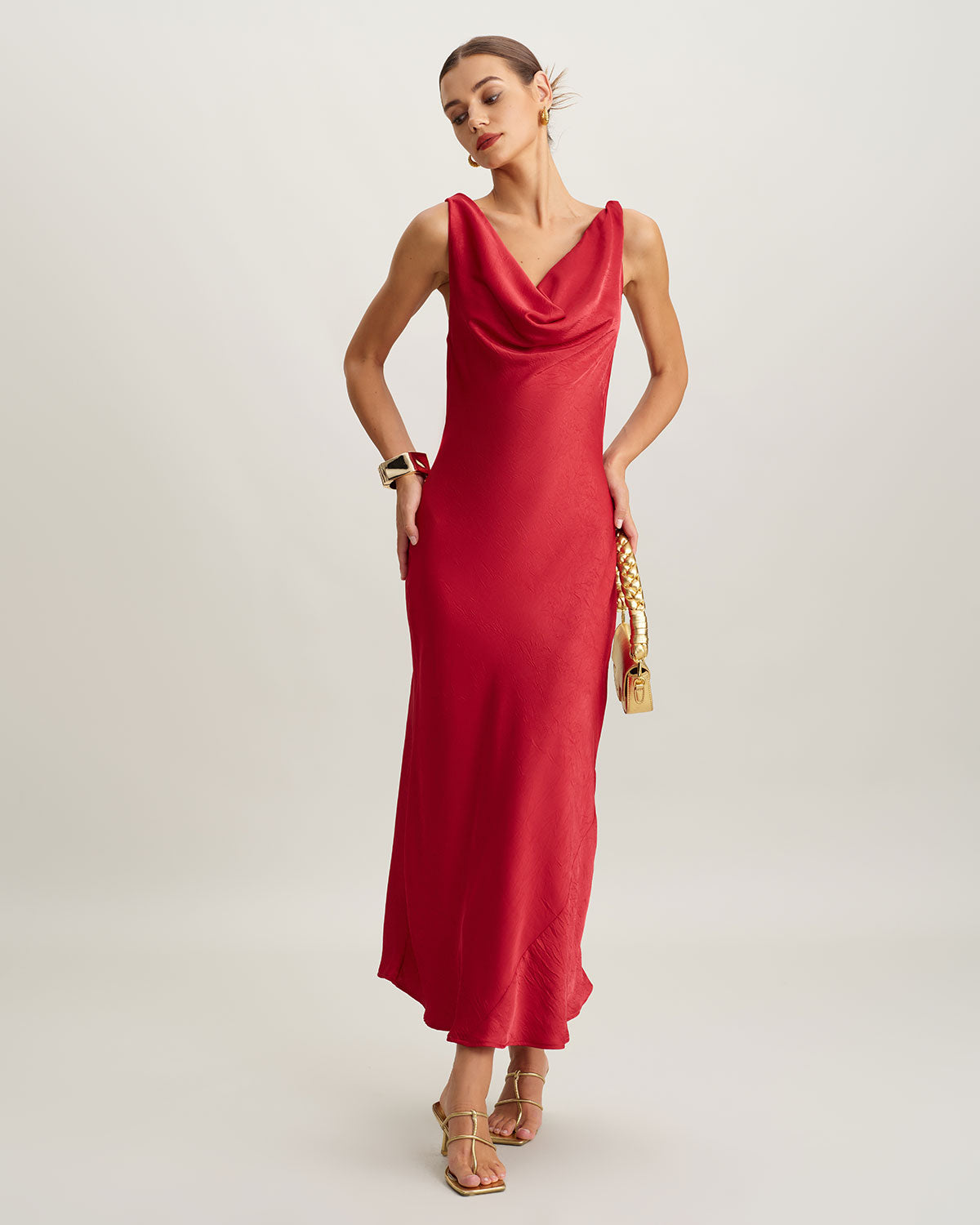 Red Satin Cowl Neck Backless Maxi Dress