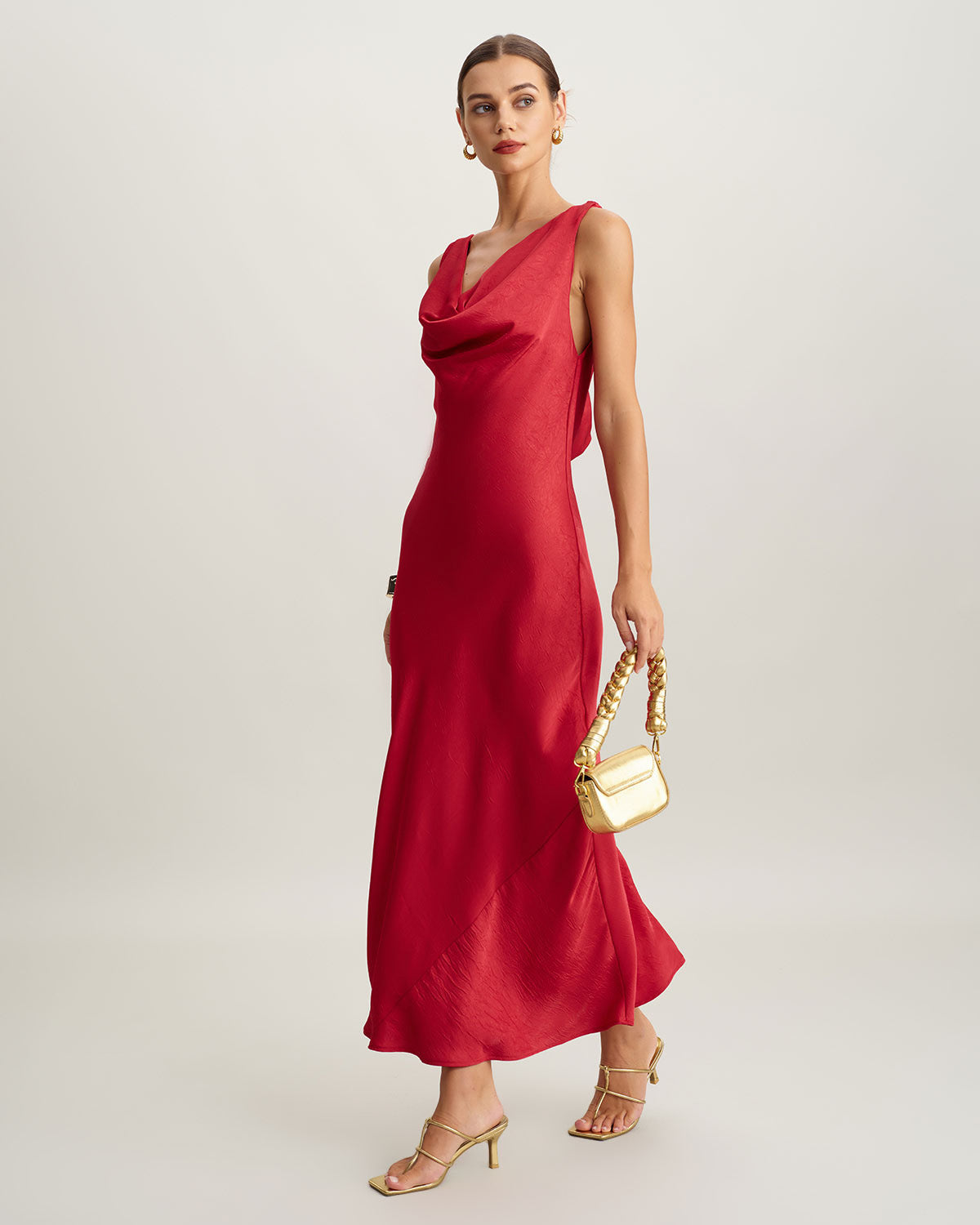 Red Satin Cowl Neck Backless Maxi Dress