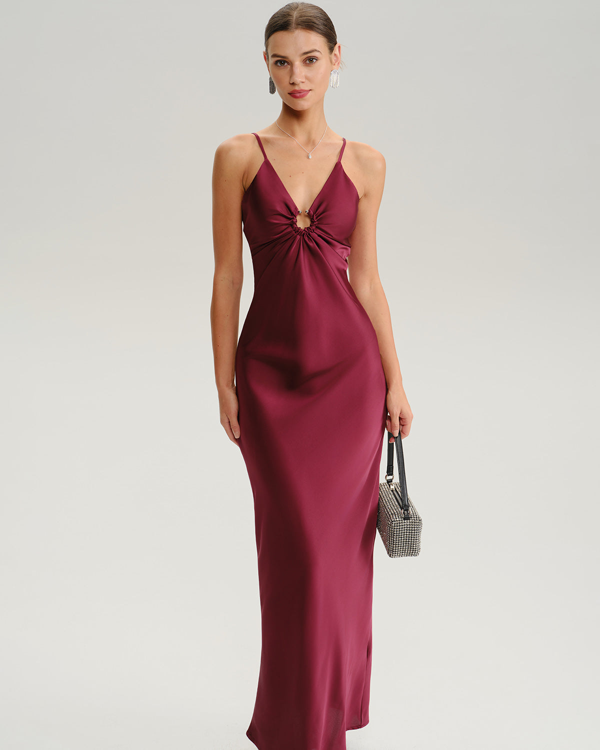 Wine Red Ruched V Neck Slip Maxi Dress