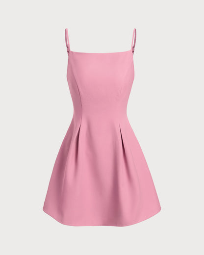 Pembe Kare Yakalı Mini Elbise