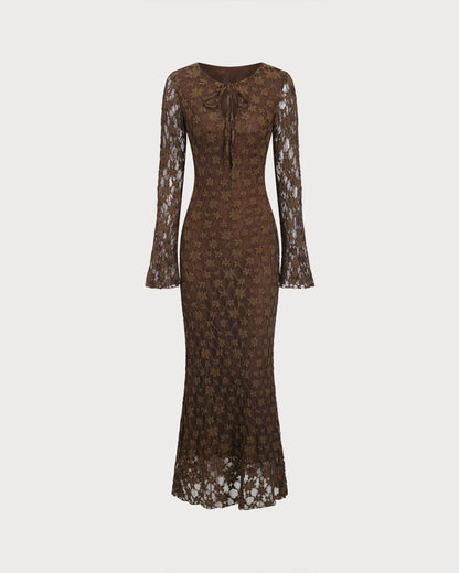Brown Floral Bell Sleeve Maxi Dress
