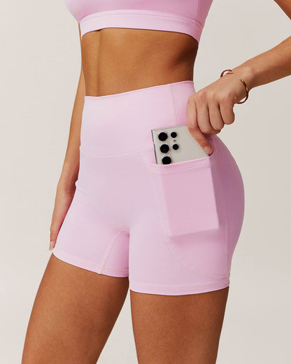 Pembe Cepli Yüksek Bel Yoga Şortu