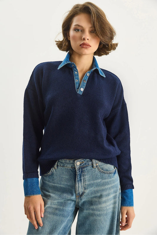 Denim Detaylı Triko Kazak