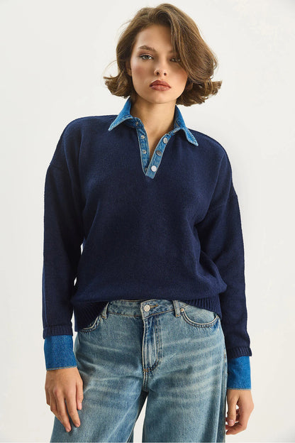 Denim Detaylı Triko Kazak