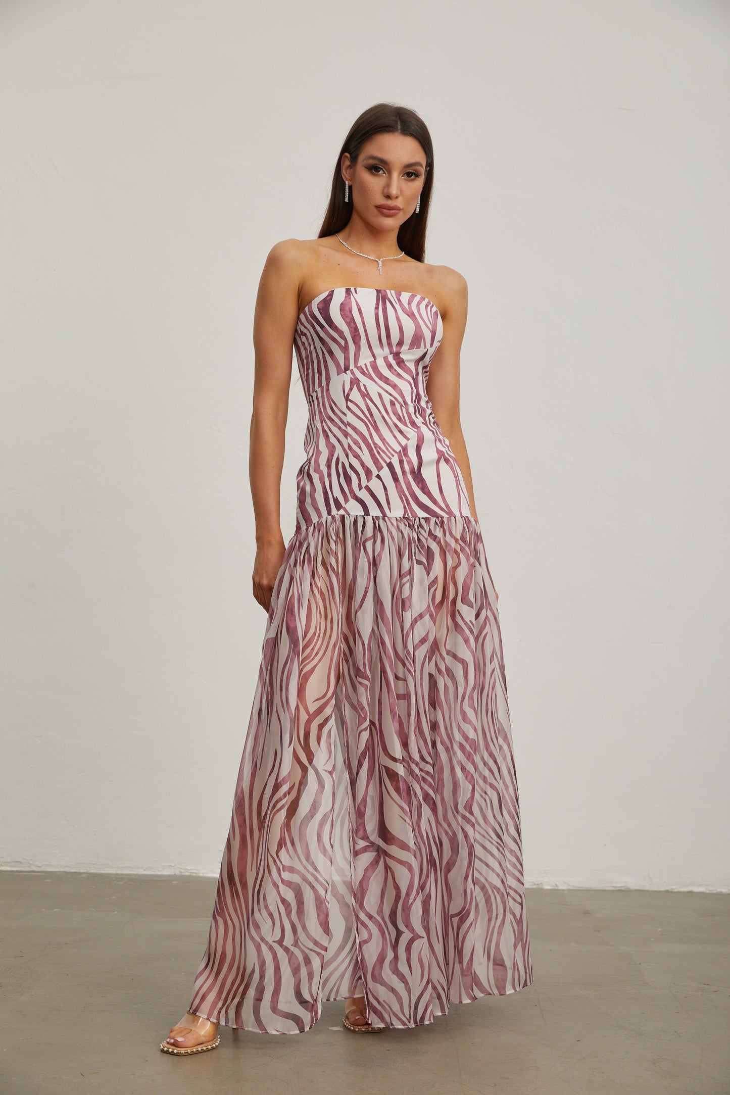 Giselle Rose Zebra Desenli Straplez Uzun Elbise