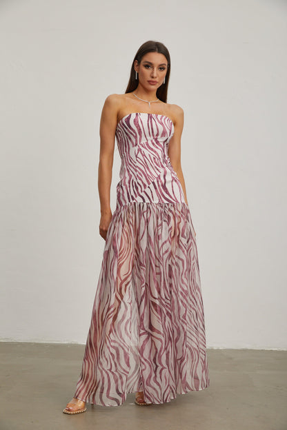 Giselle Rose Zebra Desenli Straplez Uzun Elbise