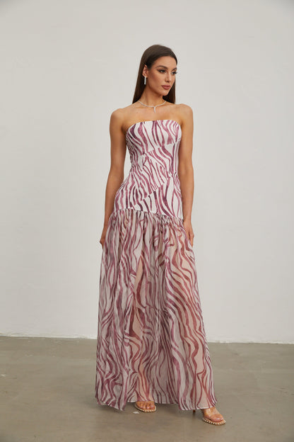Giselle Rose Zebra Desenli Straplez Uzun Elbise