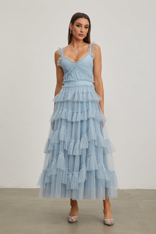 Norène Azure Ruffled Tül Uzun Elbise