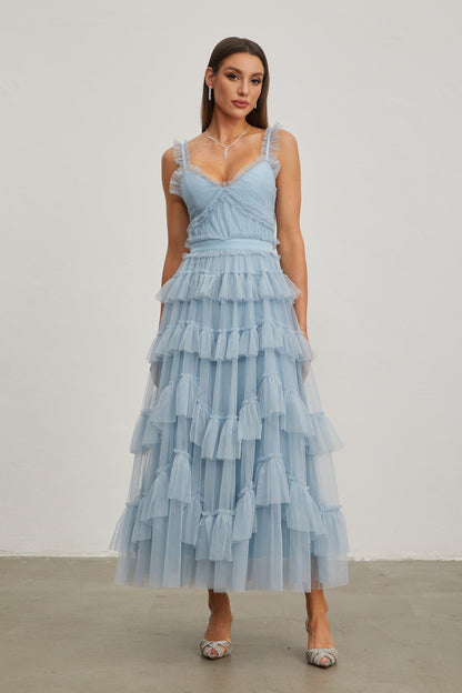 Norène Azure Ruffled Tül Uzun Elbise