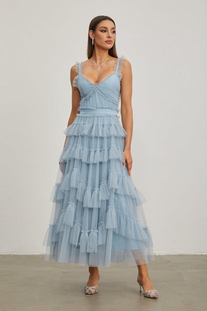Norène Azure Ruffled Tül Uzun Elbise