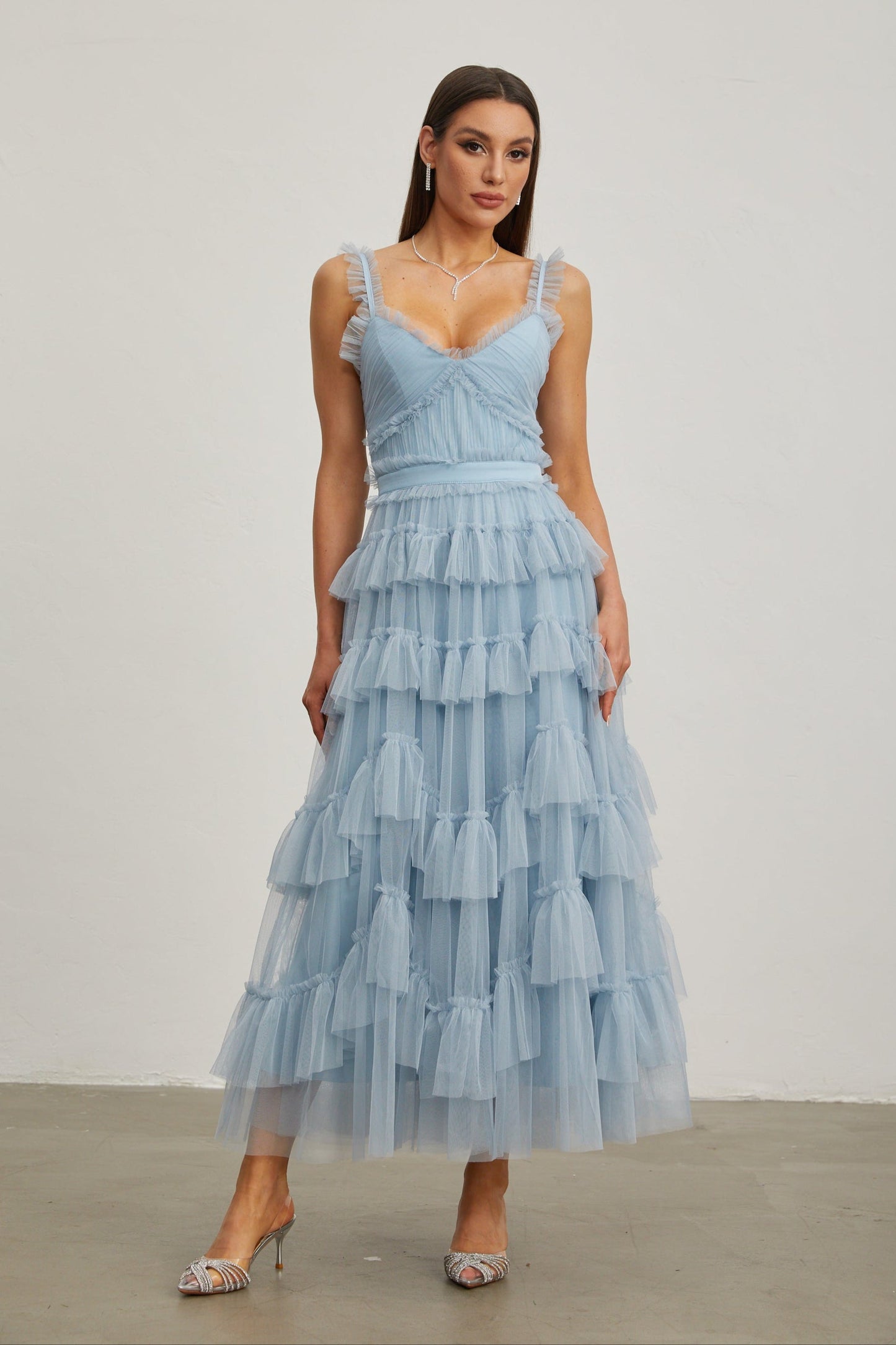 Norène Azure Ruffled Tül Uzun Elbise