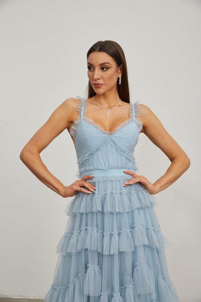 Norène Azure Ruffled Tül Uzun Elbise