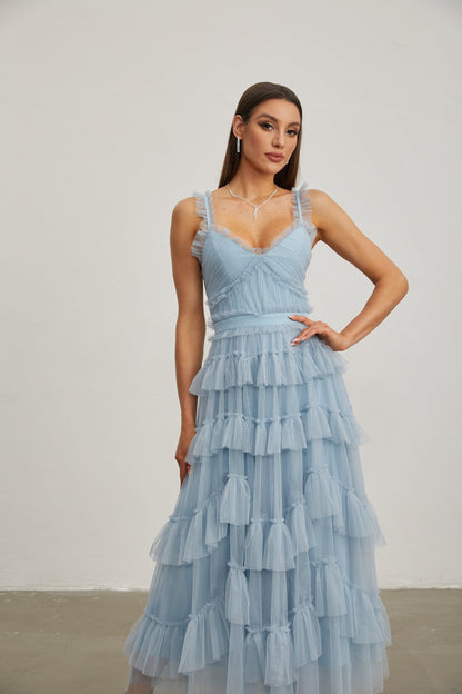 Norène Azure Ruffled Tül Uzun Elbise