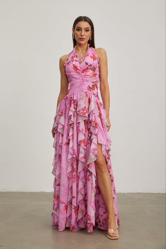 Eulalie Pembe Petal Ruffled Halter Uzun Elbise