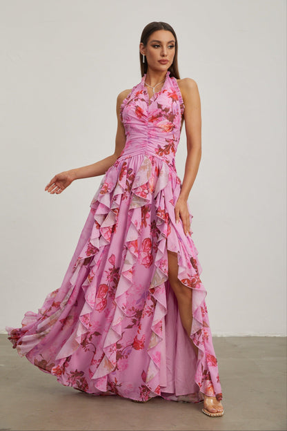 Eulalie Pembe Petal Ruffled Halter Uzun Elbise