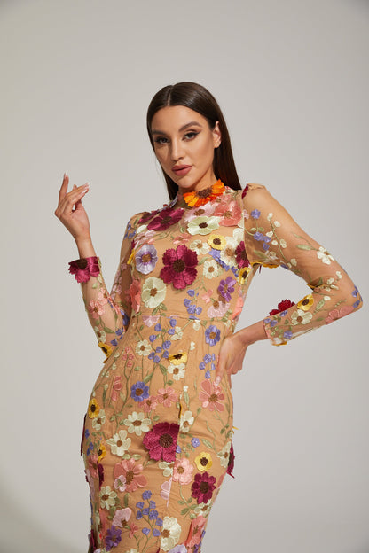 Lilas Enchanted Çiçekli File Midi Elbise