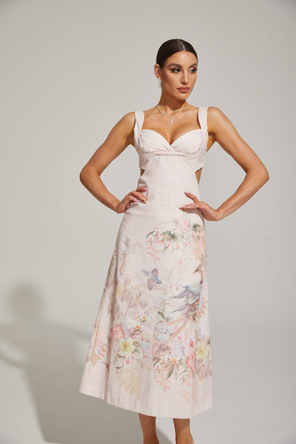 Apollonia Pastel Çiçekli Sevgili Midi Elbise