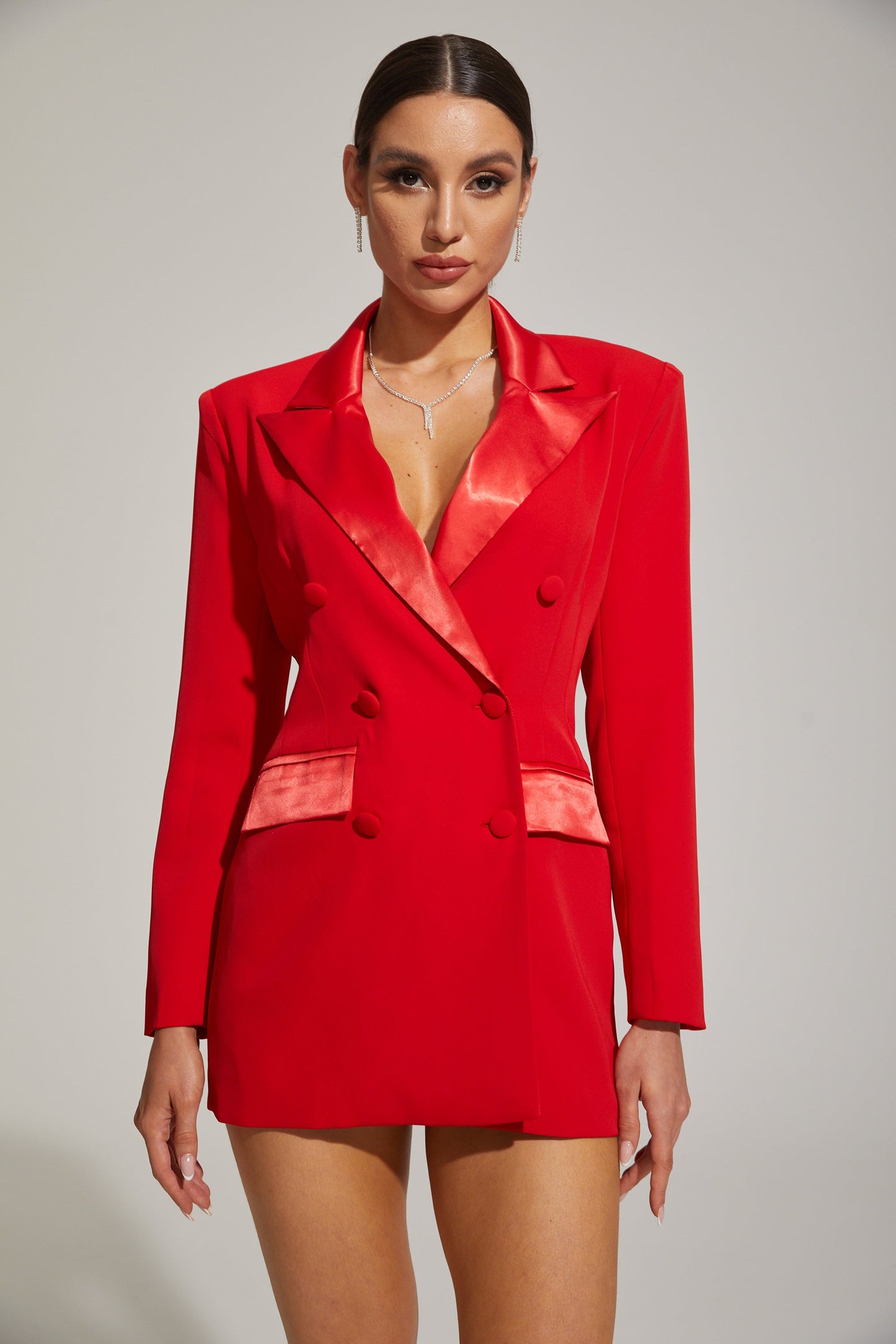 Ursule Scarlet Saten Çift Yaka Blazer