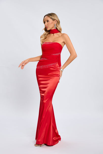 Jade Scarlet Radiance Straples Maksi Elbise