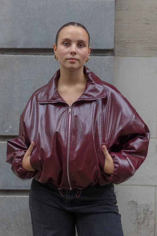 Bordo Parlak Oversize Bomber Ceket