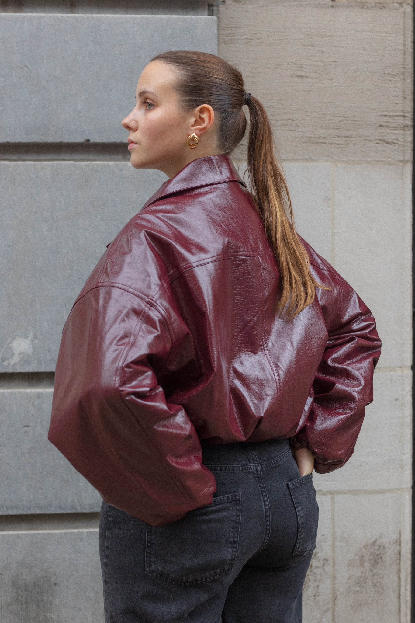 Bordo Parlak Oversize Bomber Ceket