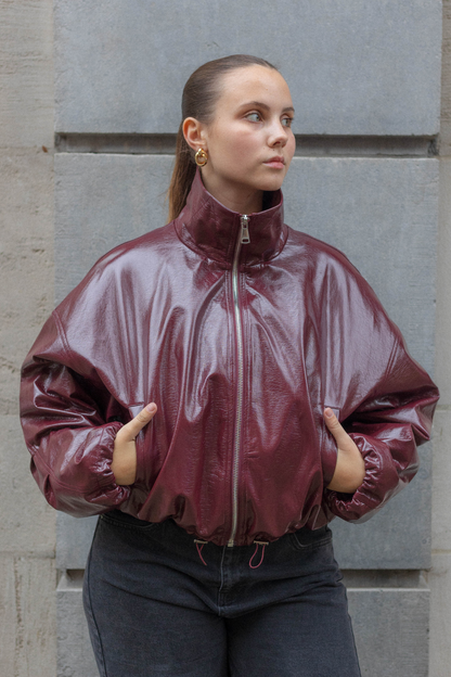 Bordo Parlak Oversize Bomber Ceket