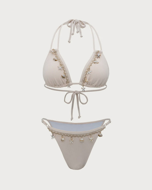 Beyaz Kabuk Süslemeli Bikini Takımı