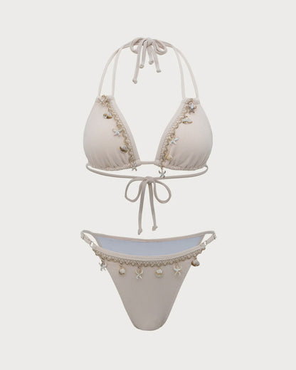 Beyaz Kabuklu Süslemeli Bikini Takımı