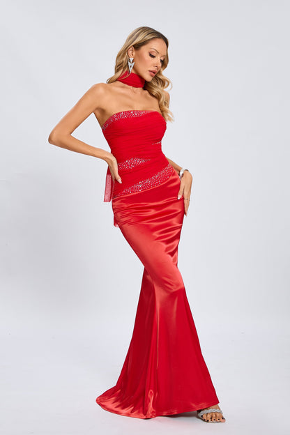 Jade Scarlet Radiance Straples Maksi Elbise