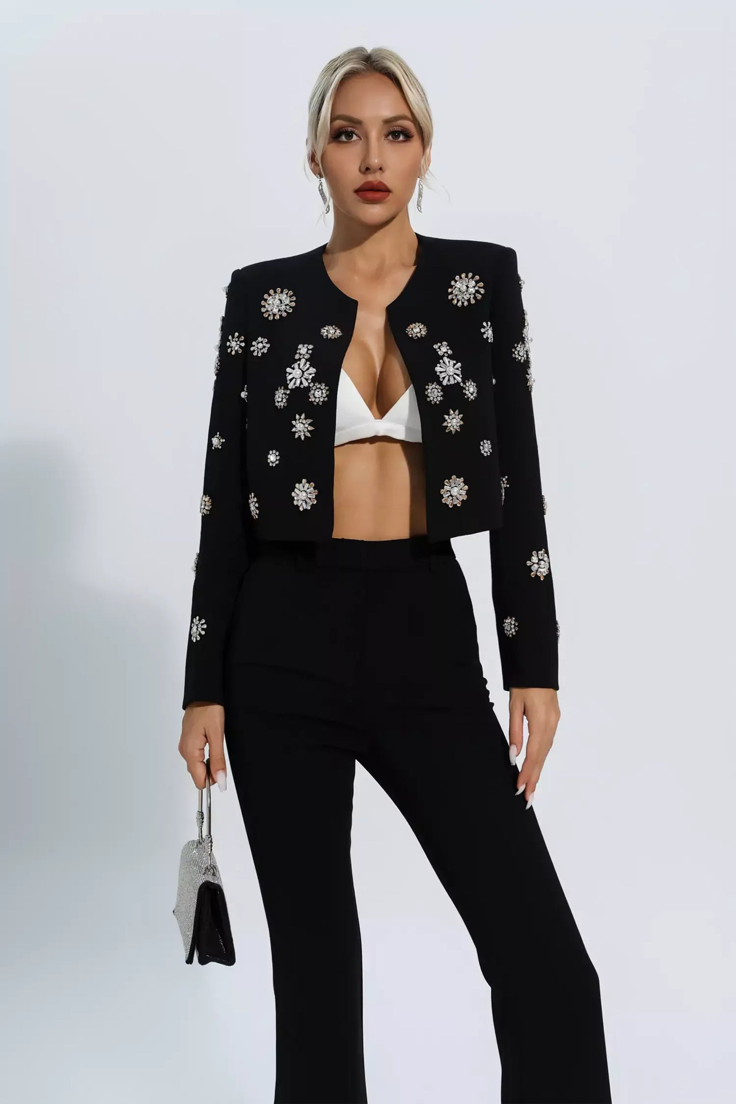 Amalia Siyah Kristal İnci Blazer Takımı
