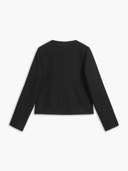Altın Düğme Detaylı Siyah Kısa Tweed Ceket