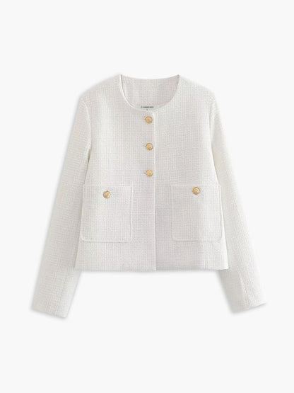 Altın Düğme Detaylı Siyah Kısa Tweed Ceket