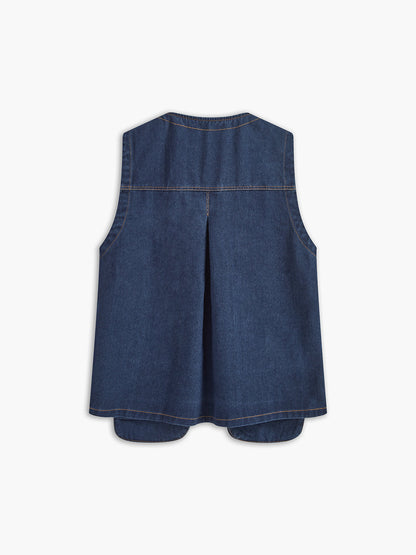 Kravat Yaka Cepli Pileli Denim Uzun Üst