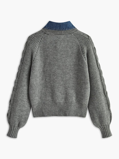 Denim Yakalı Örgü Detaylı Gri Kazak