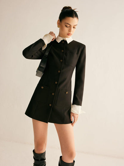 Siyah ve Beyaz Kontrast Detaylı Mini Blazer Elbise