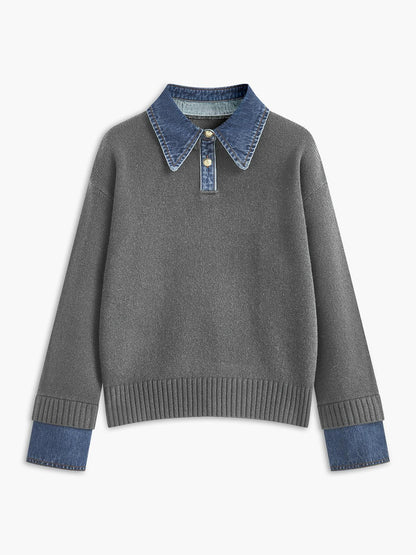 Denim Detaylı Triko Kazak