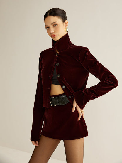 Kadife Yaka Kısa Blazer Etek Set