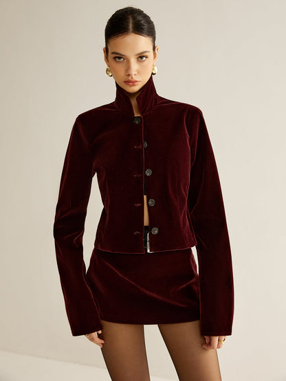 Kadife Yaka Kısa Blazer Etek Set