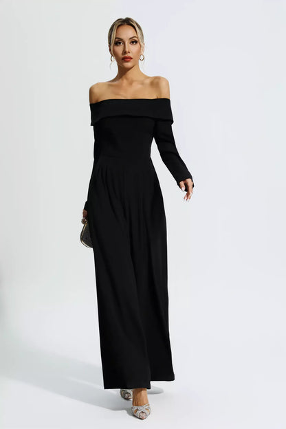 Cassidy Siyah Omuz Açık Drape Tulum