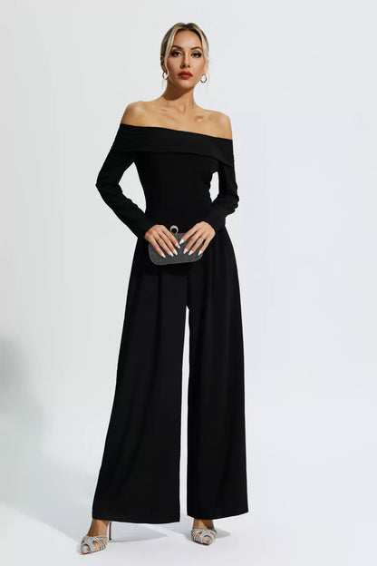 Cassidy Siyah Omuz Açık Drape Tulum