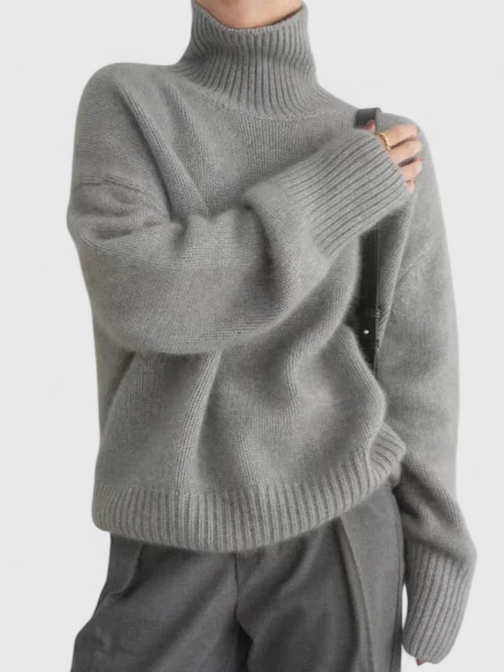 Bej Oversize Boğazlı Triko Kazak