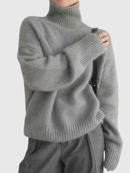 Bej Oversize Boğazlı Triko Kazak