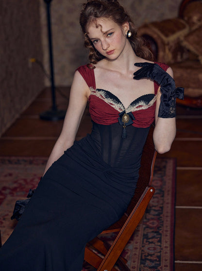 VALENTINA Siyah Ve Bordo Vintage Korseli Elbise