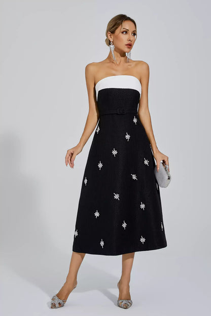 Emberlynn Siyah Beyaz Patchwork Midi Elbise