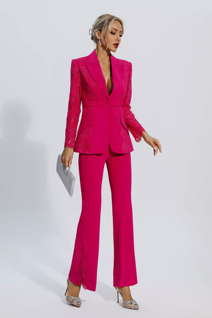 Emory Rose Kırmızı Çiçekli Dantel Blazer Takımı