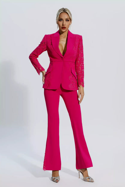 Emory Rose Kırmızı Çiçekli Dantel Blazer Takımı